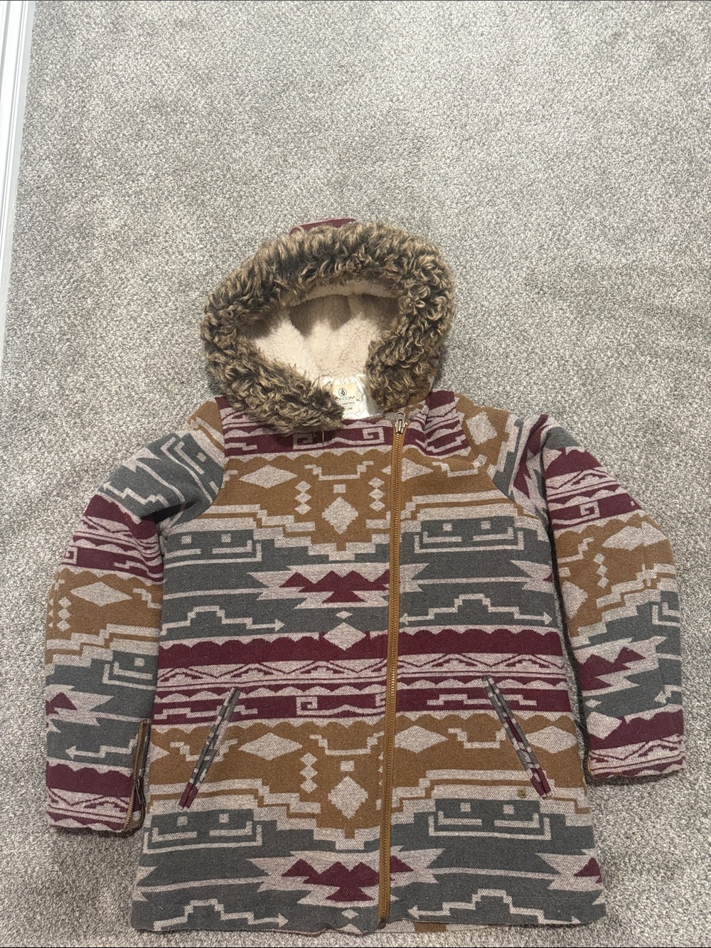 Volcom women’s Aztec Faux-Fur Hooded Jacket - Gray, Brown & Burgundy